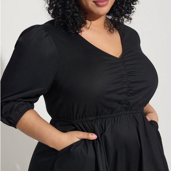 Torrid Midi Poplin Tiered Dress 3X Black NWT Puff Sleeves Elastic Waist - Picture 6 of 10